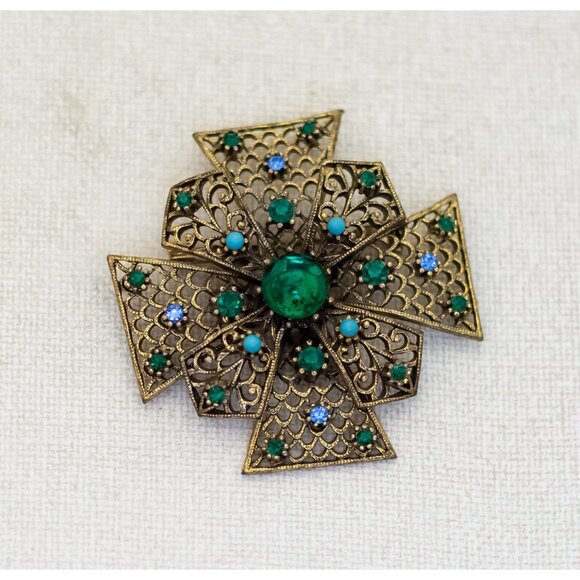 Vintage Green Rhinestone Gold Tone Cross Ribbon Brooch by JJ - T21 - Picture 1 of 2